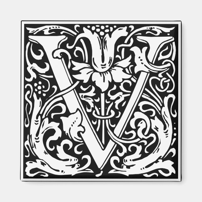 Bokstav V medeltida monogram Art Nouveau Magnet (Framsidan)