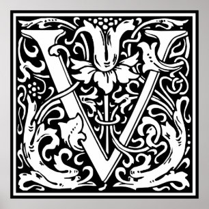 Bokstav V medeltida monogram Art Nouveau Poster