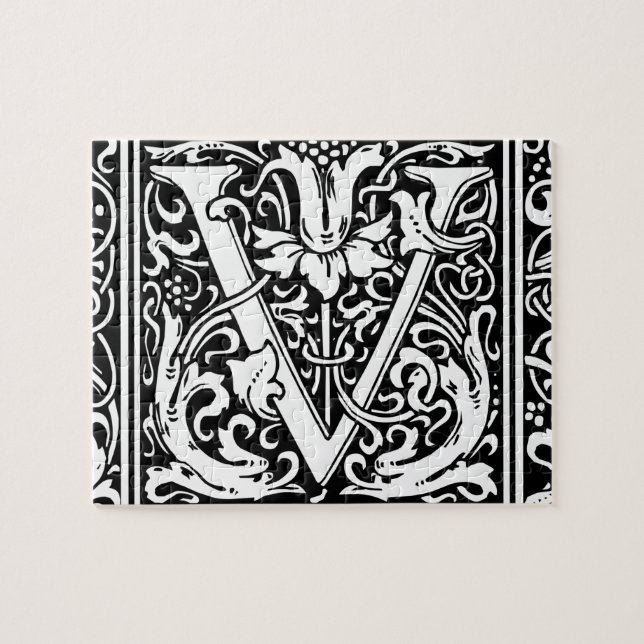 Bokstav V medeltida monogram Art Nouveau Pussel (Horisontell)