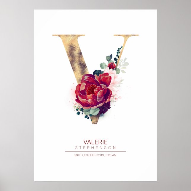 Bokstav V Monogram Blommig Burgunderröd och Guld Poster (Framsidan)