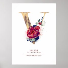 Bokstav V Monogram Blommig Marinblå och Burgunder Poster