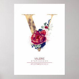 Bokstav V Monogram Blommig Marinblå och Burgunder Poster