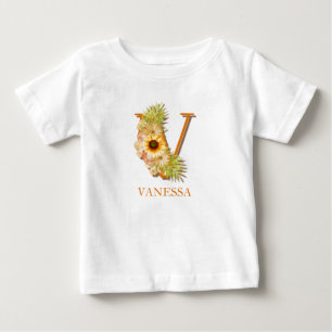 Bokstav V Solros Blommönster Monogram med Namn T Shirt