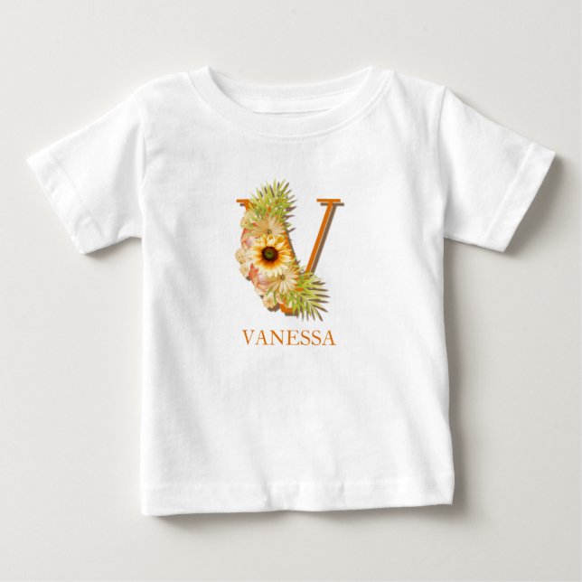 Bokstav V Solros Blommönster Monogram med Namn T Shirt (Framsida)
