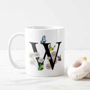Bokstav W Blommig Fjäril Monogram Initial Kaffemugg