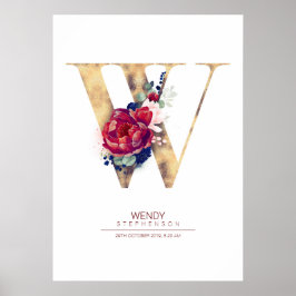 Bokstav W Monogram Blommig Marinblå och Burgunder Poster