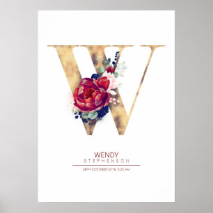 Bokstav W Monogram Blommig Marinblå och Burgunder Poster