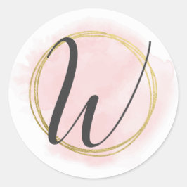 Bokstav W Monogram Rosé Rosa Vattenfärg Guld Chic Runt Klistermärke