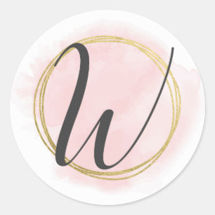 Bokstav W Monogram Rosé Rosa Vattenfärg Guld Chic Runt Klistermärke