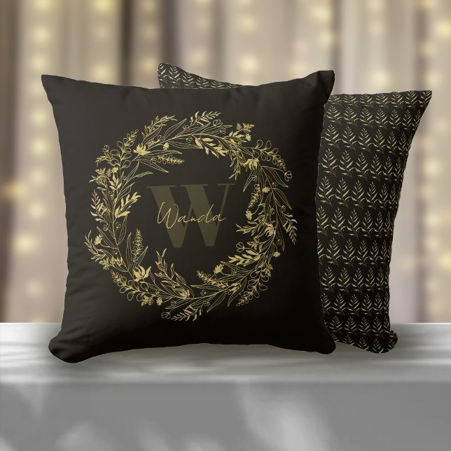 Bokstav W Varm Guld Botanisk Monogram Kudde (Skapare uppladdad)