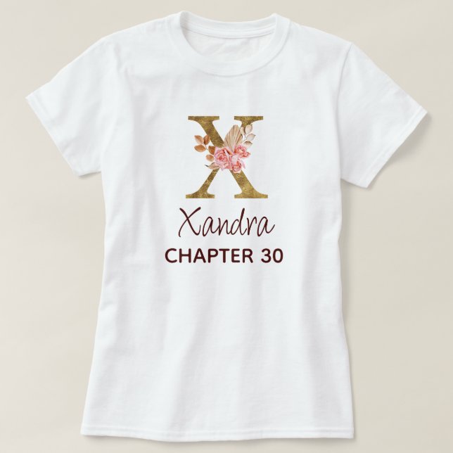 Bokstav X Guldmonogram rosafärgade rosor födelseda T Shirt (Design framsida)