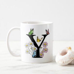 Bokstav Y Blommig Fjäril Monogram Initial Kaffemugg