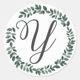 Bokstav Y Monogram Minimalistisk Botanisk Bladkran Runt Klistermärke