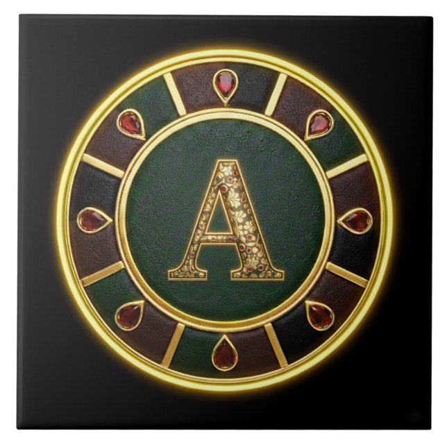 Bokstaven A, utsmyckad monogrammedaljong Kakelplatta (Framsidan)