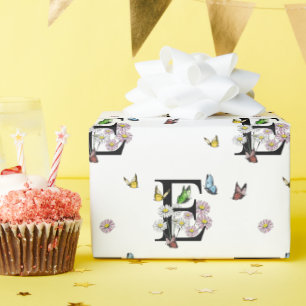 Bokstaven E Blommig Akvarell Fjäril Monogram    Presentpapper