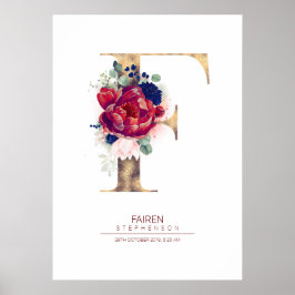 Bokstaven F Monogram Blommig Marinblå och Burgunde Poster
