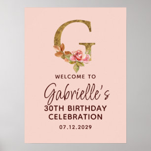 Bokstaven G Guldmonogram Rosa Rosor Välkommen Poster