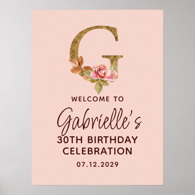 Bokstaven G Guldmonogram Rosa Rosor Välkommen Poster (Framsidan)