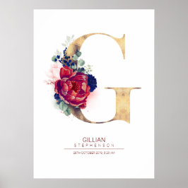 Bokstaven G monogram blommor marinblå och vinröd Poster