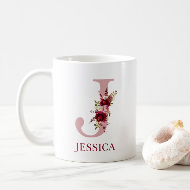 Bokstaven J Burgundy Blush Blommig Kaffemugg (Med munk)