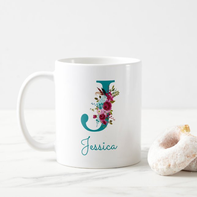 Bokstaven J Teal Rosa Blommig Kaffemugg (Med munk)