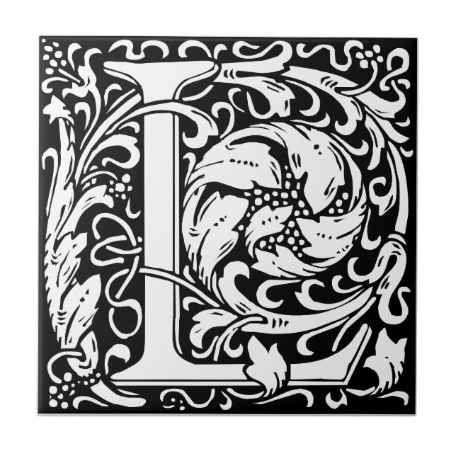 Bokstaven L Art Nouveau svart-vit kakel (Framsidan)