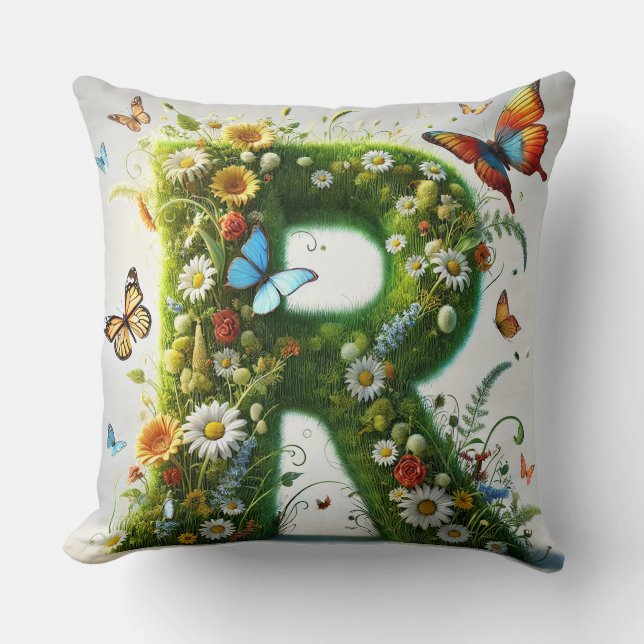 🦋 Bokstaven R Fjäril Monogram Hemdekor 🌸 Kudde (Framsida)