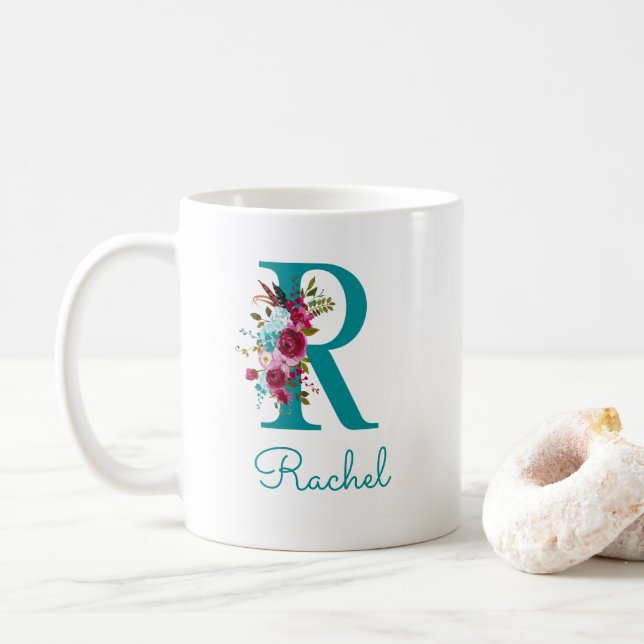 Bokstaven R Teal Rosa Blommig Kaffemugg (Med munk)