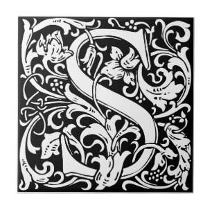Bokstaven S Art nouveau svart-vit kakelplatta