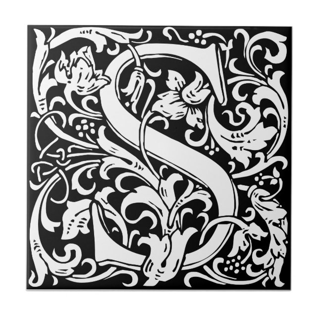 Bokstaven S Art nouveau svart-vit kakelplatta (Framsidan)