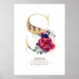 Bokstaven S Monogram Blommig Marinblå och Burgunde Poster