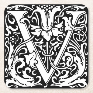 Bokstaven V Medeltida Monogram Art Nouveau Underlägg Papper Kvadrat