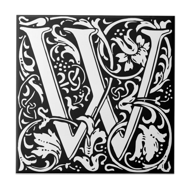 Bokstaven W Art Nouveau svart-vit kakelplatta (Framsidan)