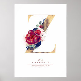 Bokstaven Z Monogram Blommig Marinblå och Burgunde Poster