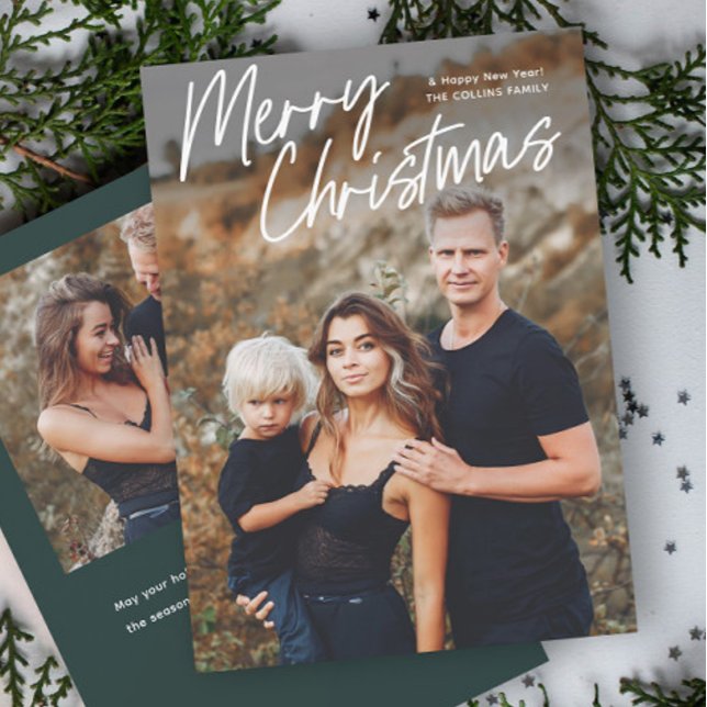 Bokstavlig julhälsning Merry Christmas 2 Foto  Julkort (Hand Lettered Merry Christmas 2 Photo Holiday Cards.)