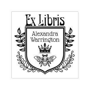Bokstavlig vapen Bin med krona Ex Libris Boknamn Självfärgande Stämpel