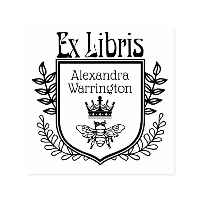 Bokstavlig vapen Bin med krona Ex Libris Boknamn Självfärgande Stämpel (Design)
