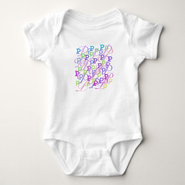 Bokstavsconfetti "P" Baby-bodys T Shirt (Framsida)