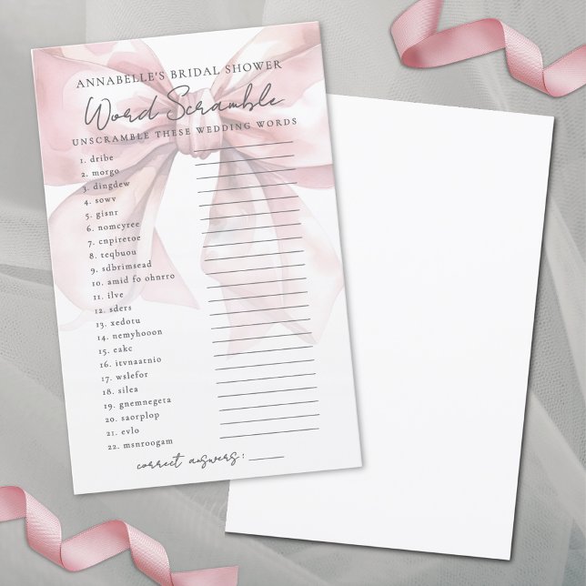 Bokstavsförvrängning Röda kinder Rosa Båge Bröllop (Word Scramble Blush Pink Bow Bridal Shower Game)