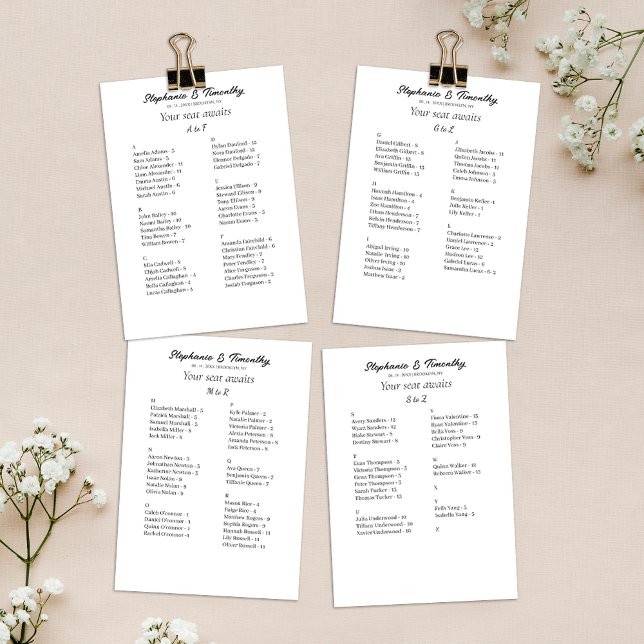 Bokstavskort för alfabetiskt Bröllop-säte (Convenient and organized wedding seating chart with alphabetical name arrangement.)