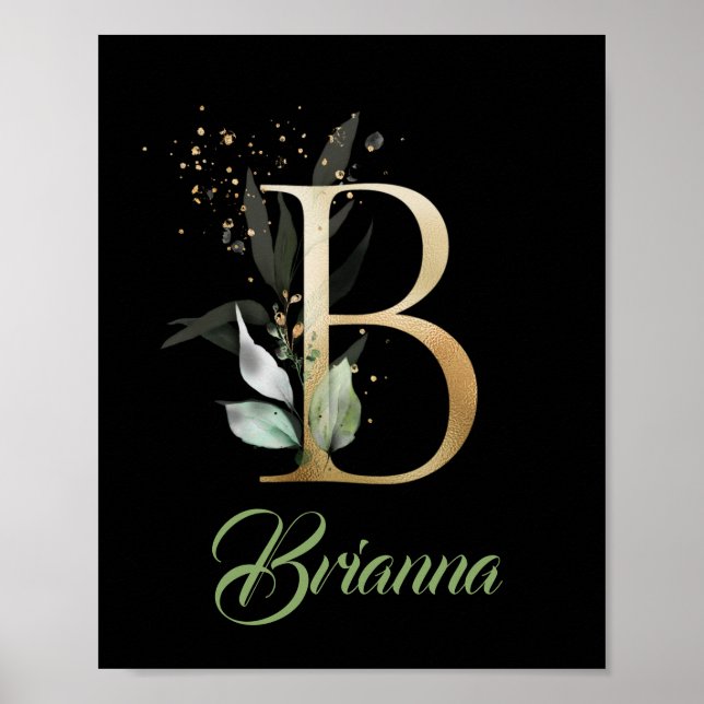 Bokstavsmonogram grönska eukalyptus guld svart poster (Framsidan)