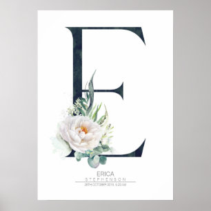 Bokstavsmonogram Vita Blommor och Grönska Poster