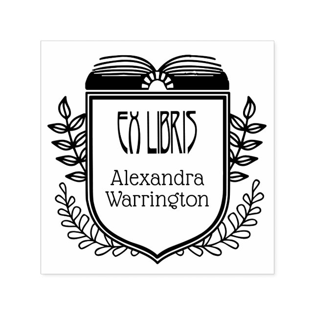 Bokstavsprydare med botanisk vapen Ex Libris bokna Självfärgande Stämpel (Design)