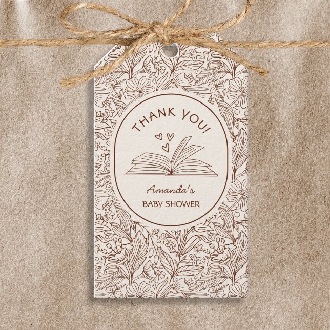 Boktema Brun Blommig Litterär Baby Shower Presentetikett (Book Theme Brown Floral Literary Baby Shower Gift Tags)