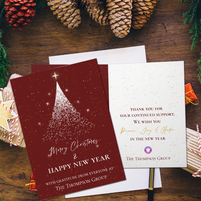 Bolaget Red Guld Glitter Träd i jul - nyår Anteckningskort (Corporate Red Gold Glitter Tree Christmas New Year Holiday  Note Card)