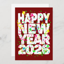 Bold 2026 New Year Greeting in Red with Confetti  Julkort