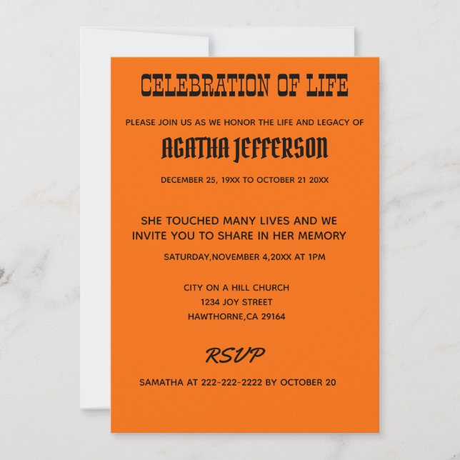 Bold Amber Celebration of Life Invitation Inbjudningar (Framsida)