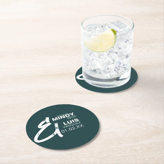 BOLD AMPERSAND Grunge Grönt White Bröllop Underlägg Papper Rund (Insitu)