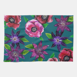 Bold Anemone & Clematis Watercolor Kitchen Towel Kökshandduk