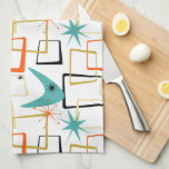 Bold Atomic Stars Boomerang Squares Mid Century Kökshandduk<br><div class="desc">Lägg till en kopp färg i ditt kök med funkyns efterhandshandduk. Mönster har abstrakt fyrkanter,  stjärnsprängningar och en boomerang i färg av turkosa blått,  gyllene gult,  orange,  grädde och svart. Det här kommer att brista upp din köksdekoration!</div>